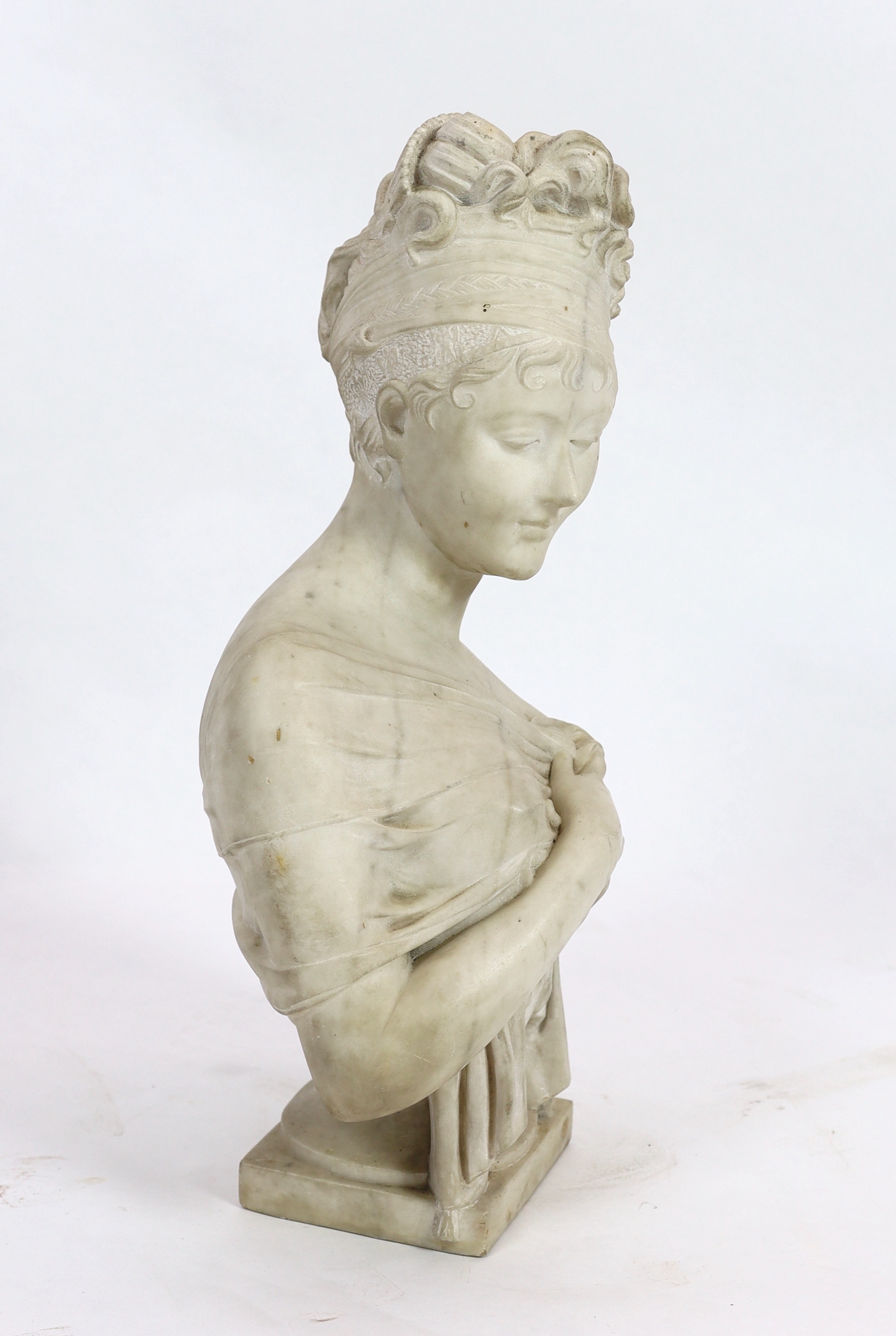 After Joseph Chinard (French 1756-1813). A French white marble bust of Juliette Récamier